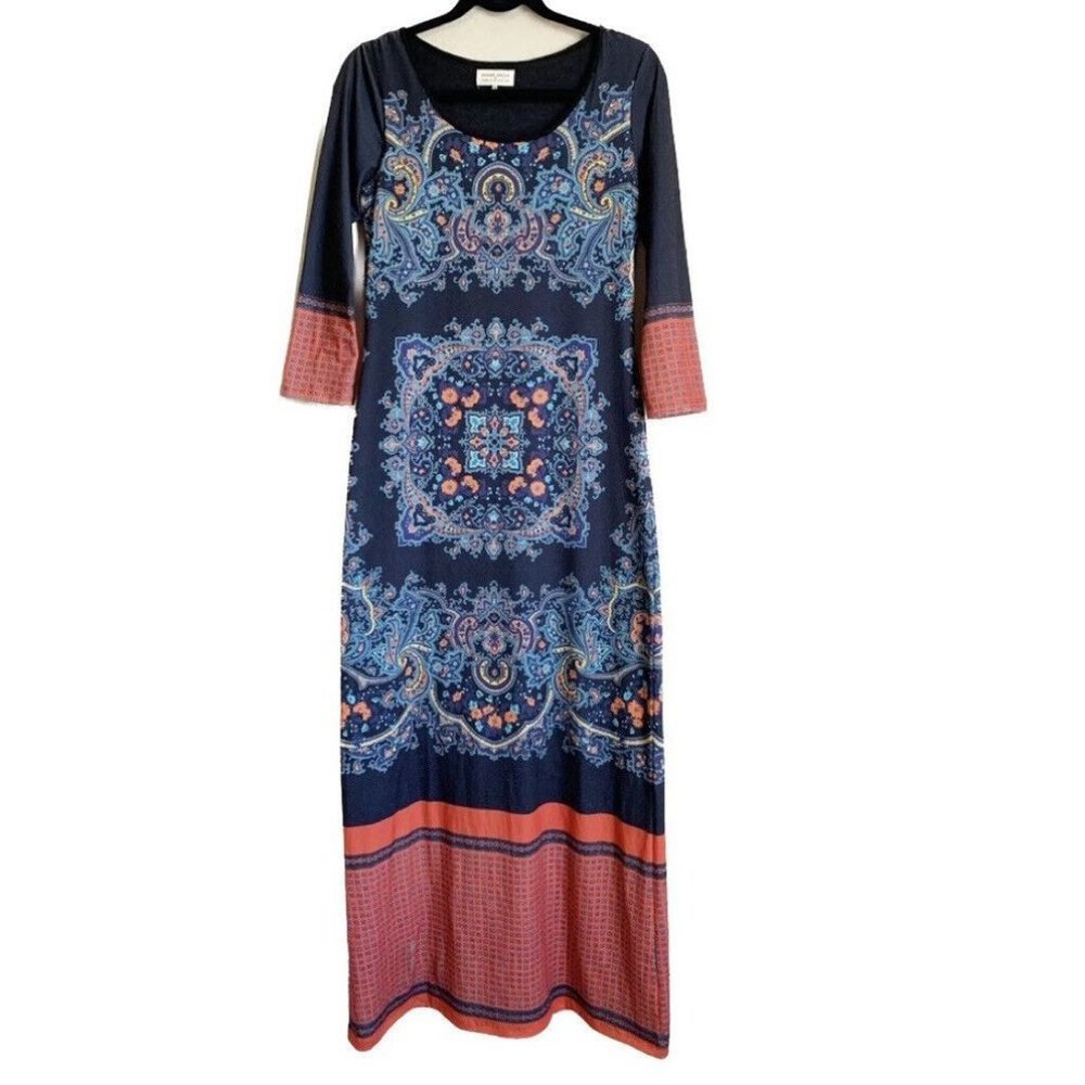 Anthropologie Dream Daily Batik Mandala Maxi Dress SZ Small 3/4 Sleeve Fall